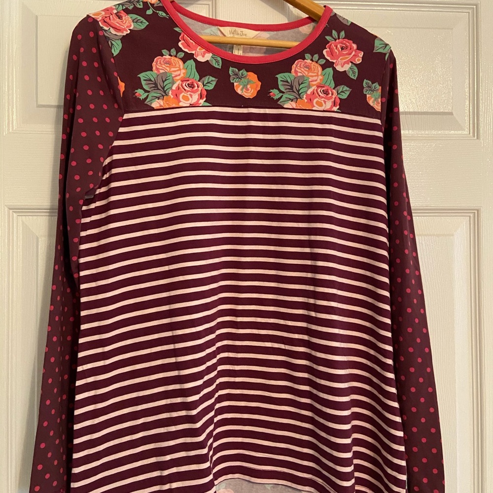 Matilda Jane Burgandy Calling Bird Top Polka Dot